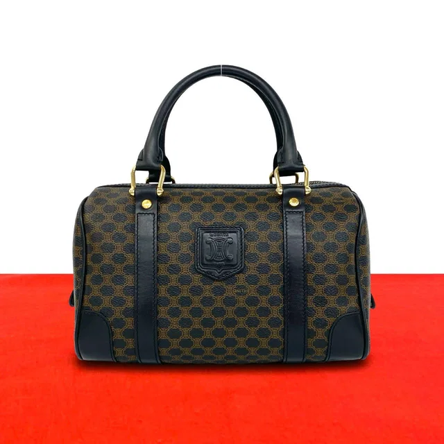 Celine Vintage Macadam Blason Logo Pattern Leather Mini Boston Bag Black Brown in Black Leather from The Reluxe
