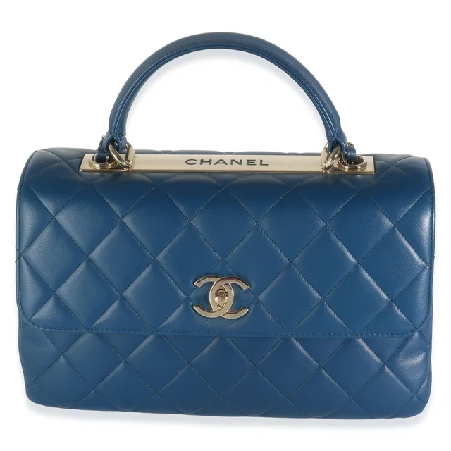 Chanel Navy Quilted Lambskin Medium Trendy Top Handle Bag Blue Leather Handbag in Navy Lambskin from HEWI