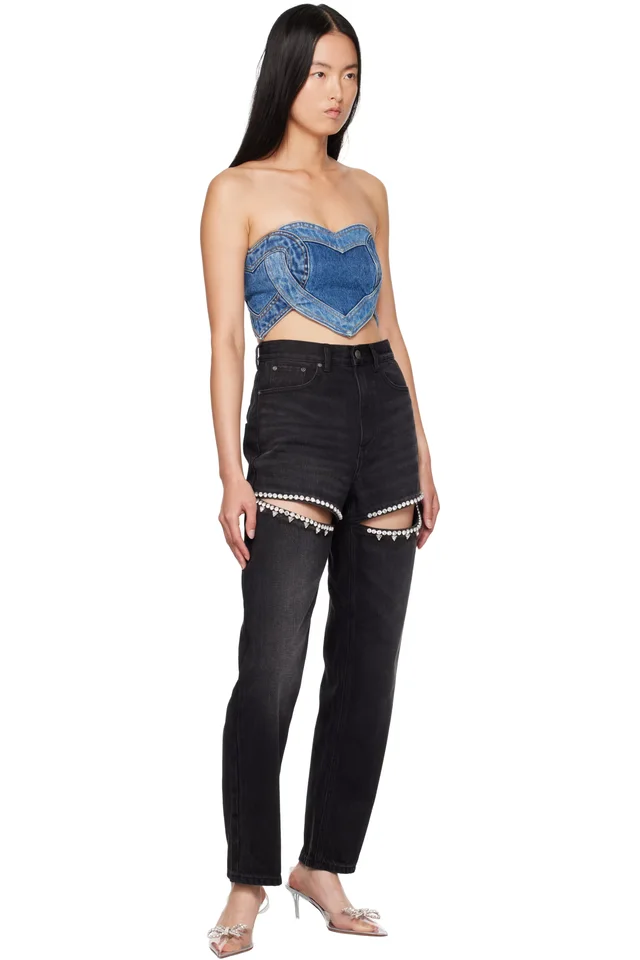 AREA Blue Patchwork Heart Bandeau Denim Top, photo 4 of 4 from SSENSE