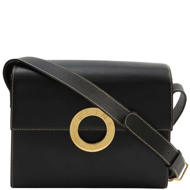 Celine Circle Logo Plate Shoulder Bag Black in Black Leather from VINTAGE QOO TOKYO