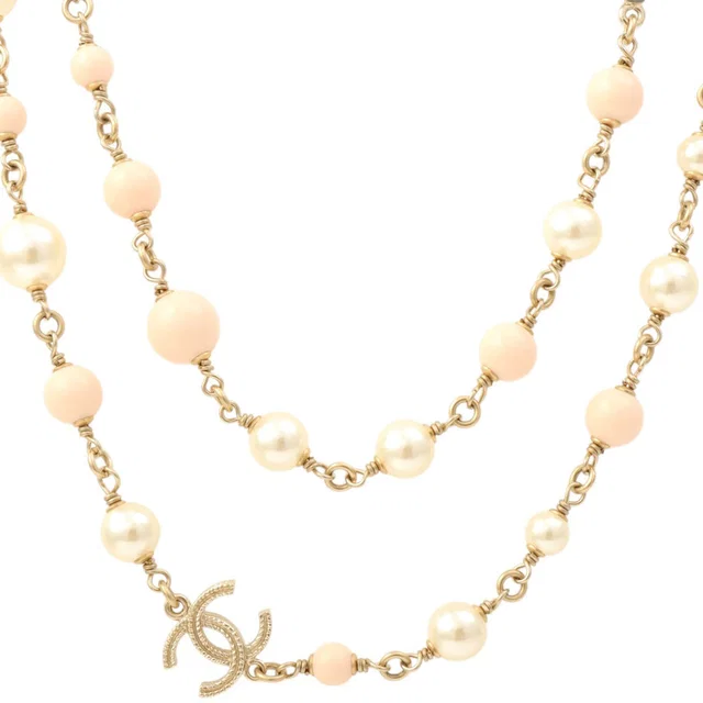 Chanel 2018 Long Pearl Flower Motif Necklace Pink/White/Gold in White from VINTAGE QOO TOKYO