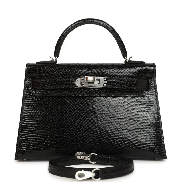 Hermès Kelly Sellier 20 Black Shiny Lizard Palladium Hardware in Black Lizard from Madison Avenue Couture