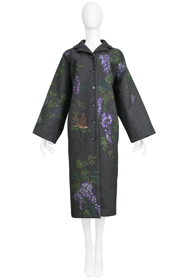 Dolce & Gabbana Dolce Charcoal Grey Birds & Flowers Hand Painted Coat in Grey Wool from Resurrection Vintage