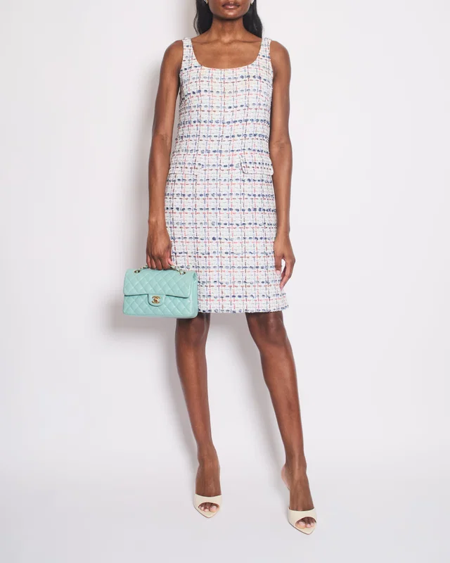 Chanel 2018 Blue Fantasy Tweed Strap Midi Dress with Pocket and CC Button Detail Size FR 36 (UK 8) in Blue Tweed from Sellier
