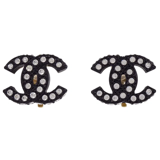 Chanel CC Clip-On Earrings Gold Black Rhinestone 02A in Black Resin from AMORE Vintage Tokyo