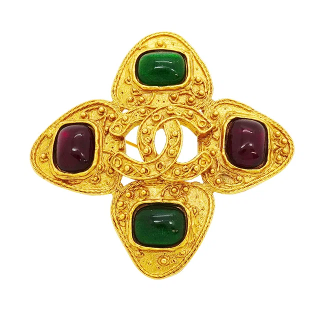 Chanel Brooch Vintage CC Logo Gold Plated Gripoix Green Red in Red from The Reluxe