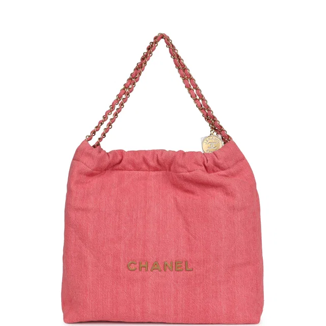 Chanel Small 22 Bag Light Red Washed Denim Gold Hardware in Red Denim from Madison Avenue Couture