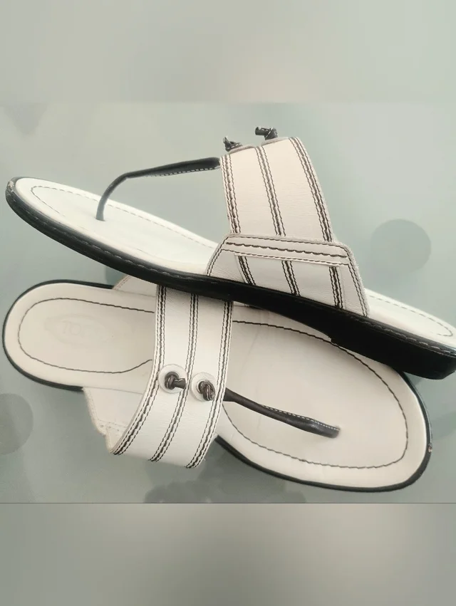 Tod's White Leather Thong Sandals With Black Trim in black|white Leather from Poshmark