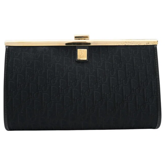 Dior Logo Plate Trotter Pattern Clasp Clutch Bag Black in Black Canvas from VINTAGE QOO TOKYO