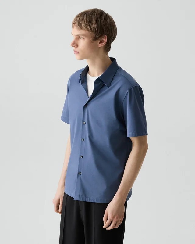 Theory Irving Short-Sleeve Shirt in Structure Knit in BERING 53% Cotton, 47% Polyester, photo 2 of 12 from Theory