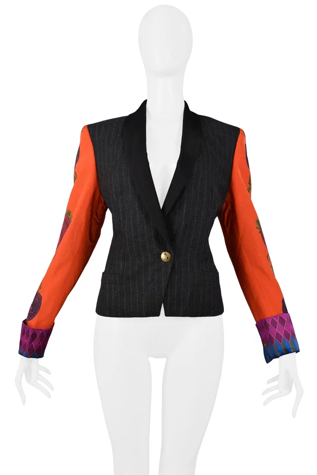 Versace Couture Pinstripe Blazer With Red Printed Sleeves 1990 in Red Silk from Resurrection Vintage