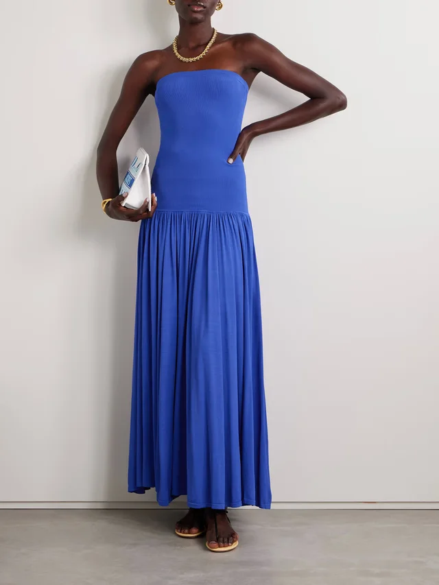ZIMMERMANN Maxine strapless ribbed gathered stretch-knit maxi dress in Blue, photo 2 of 2 from NET-A-PORTER (Canada)