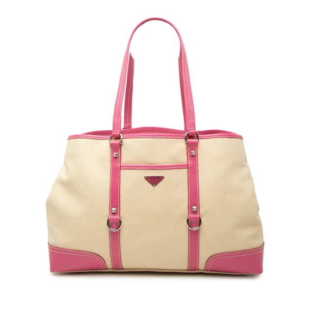 Pink Prada Studded Leather Trimmed Canvas Front Pocket Tote Satchel in Pink Canvas from Designer Revival