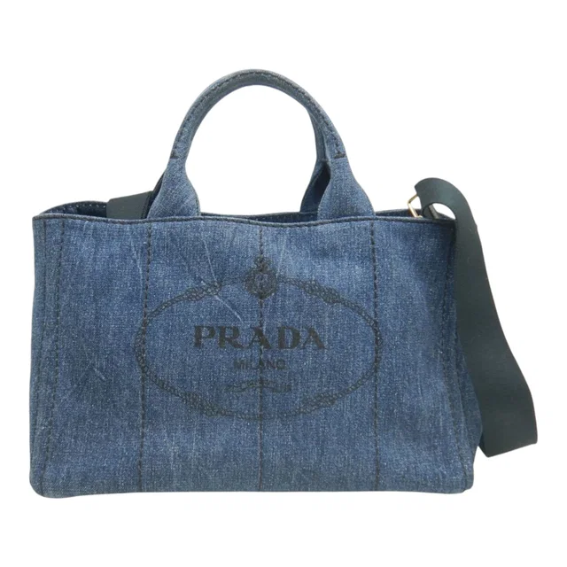 Blue Prada Denim Canapa Logo Satchel in Blue Denim from Designer Revival