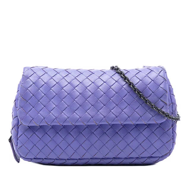 Purple Bottega Veneta Mini Nappa Intrecciato Expandable Chain Flap Crossbody in Purple Nappa leather from Designer Revival
