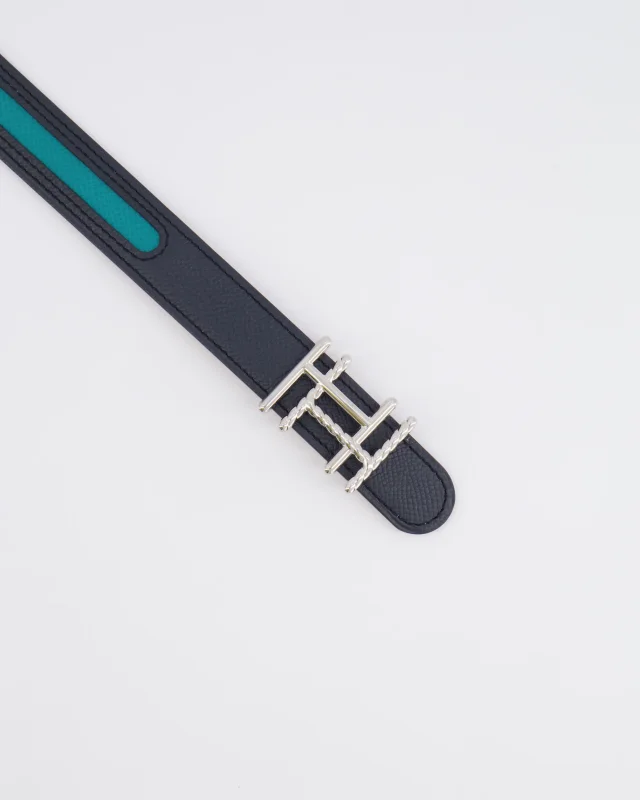 Hermès Au Carré Reversible Belt in Green and Navy with Gold Interior and Palladium H Buckle 80cm in Navy Leather from Sellier, photo 6 of 6