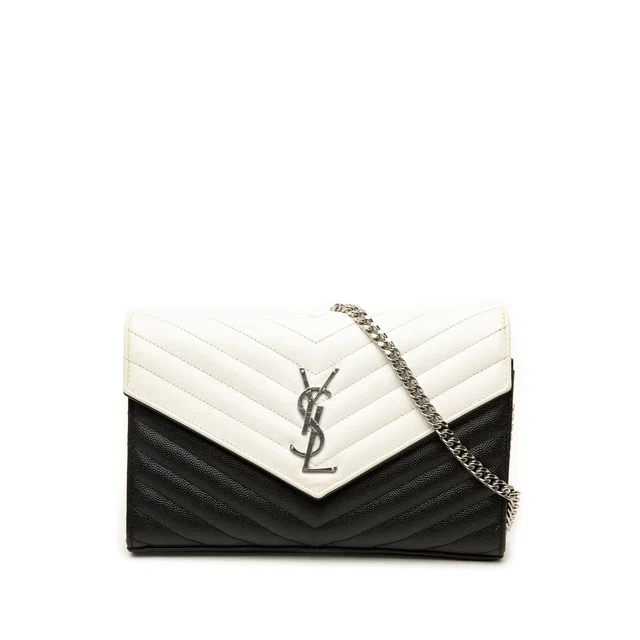 Black Saint Laurent Bicolor Grain De Poudre Chevron Monogram Envelope Chain Wallet Crossbody Bag in Black Leather from Designer Revival