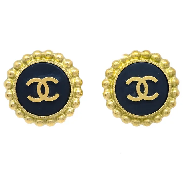 Chanel Gold Black Button Earrings Clip-On 95P in Black from AMORE Vintage Tokyo