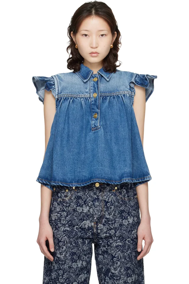 Blue Denim Ruffle Top