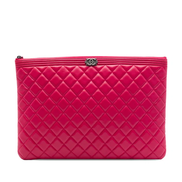 Red Chanel Large Quilted Calfskin Chain Boy O Case Clutch in Red Calfskin from Designer Revival
