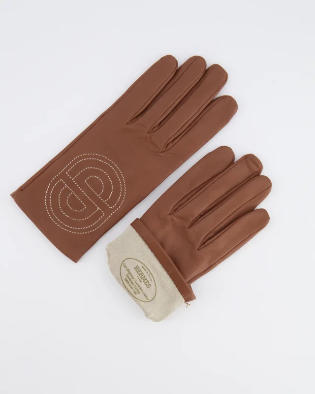 Hermès Brown Lambskin Gloves with Embroidered Detail Size 7 in Brown Lambskin from Sellier, photo 6 of 6