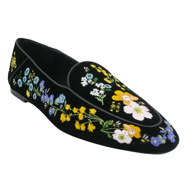 Celine Black Velvet Floral Embroidered Loafers in Black Velvet from Clotheshorse Anonymous