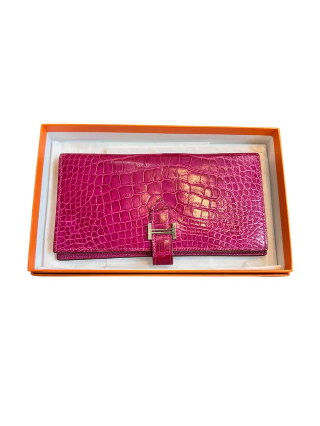 Hermès Bearn Wallet Rose Pourpre Shiny Alligator GHW #Y NEW in Pink Crocodile from Luxury Promise