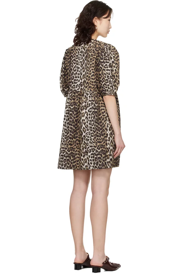 GANNI Beige Leopard Printed Cotton Tie String Minidress, photo 3 of 4 from SSENSE