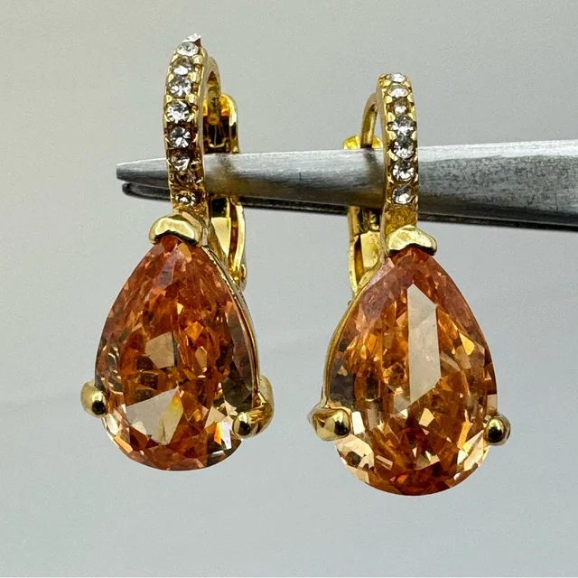 Swarovski Crystal Elements Champagne Crystal Teardrop Earrings Gold Leverback in gold|orange from Poshmark