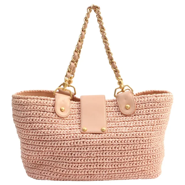Chanel 2005 Raffia CC Turnlock Chain Tote Bag Pink in Pink Raffia from VINTAGE QOO TOKYO, photo 2 of 2