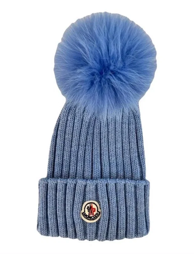 Moncler Sky Blue Ribbed Knit Beanie With Pom in blue from Poshmark