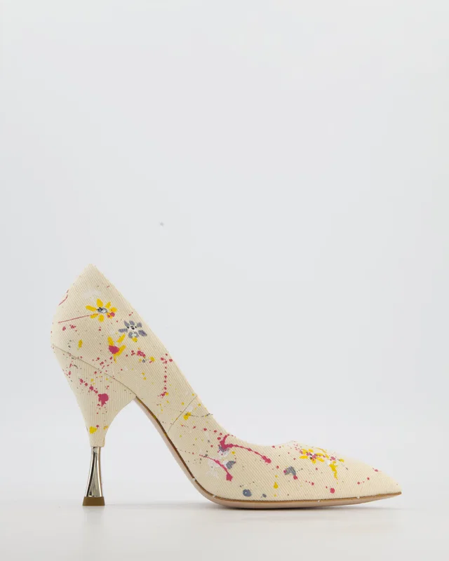 Miu Miu Beige Canvas "MAMA" Floral Paint Splatter Heels Size EU 37 in Beige Canvas from Sellier
