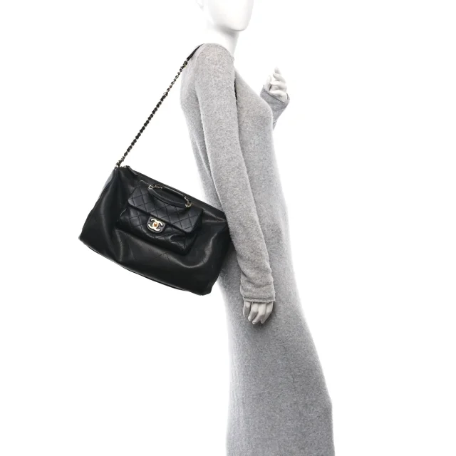 Chanel Grained Calfskin Lambskin Quilted Large Bowling Bag Black in Black Caviar leather from FASHIONPHILE, photo 2 of 10