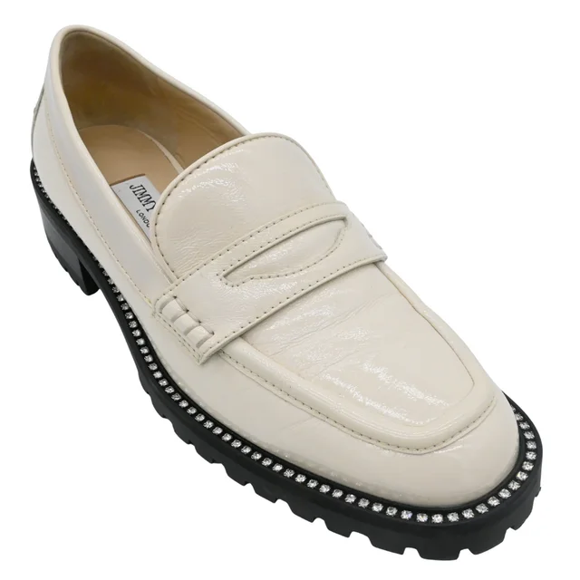Jimmy Choo Deanna Ivory Patent Leather Crystal Trim Lug Sole Loafers in White Patent leather from Clotheshorse Anonymous