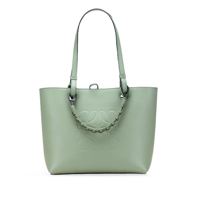 Green LOEWE Small Smooth Calfskin Anagram Tote Satchel in Green Calfskin from Designer Revival