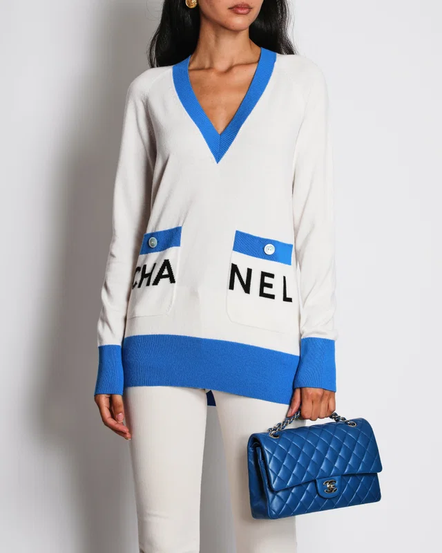 Chanel 19/S Ivory V-Neck CHANEL Logo Jumper with Blue Piping Detail Size FR 34 (UK 6) in White Cashmere from Sellier