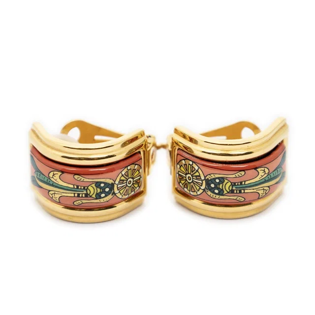Hermès Enamel Clip On Earrings Red Green Gold Plated in Red from The Reluxe