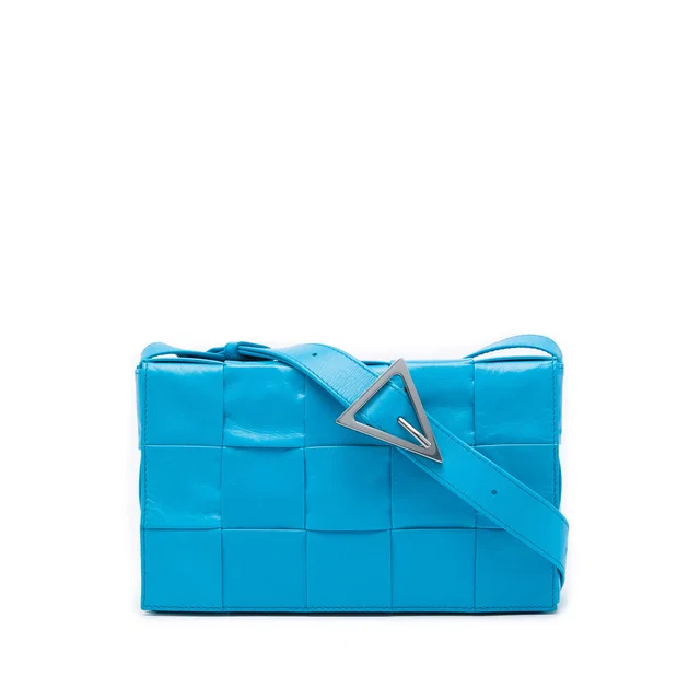 Blue Bottega Veneta Paper Calfskin Intrecciato Cassette Crossbody in Blue Calfskin from Designer Revival
