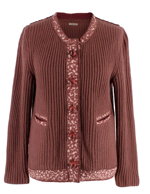Bottega Veneta Ribbed Knit Dark Rose Cashmere Cardigan in Pink Cashmere from HEWI