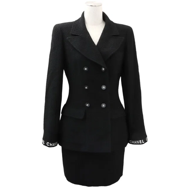 Chanel 1995 Logo Embroidered CC Mark Button Setup #38 Black in Black Wool from VINTAGE QOO TOKYO