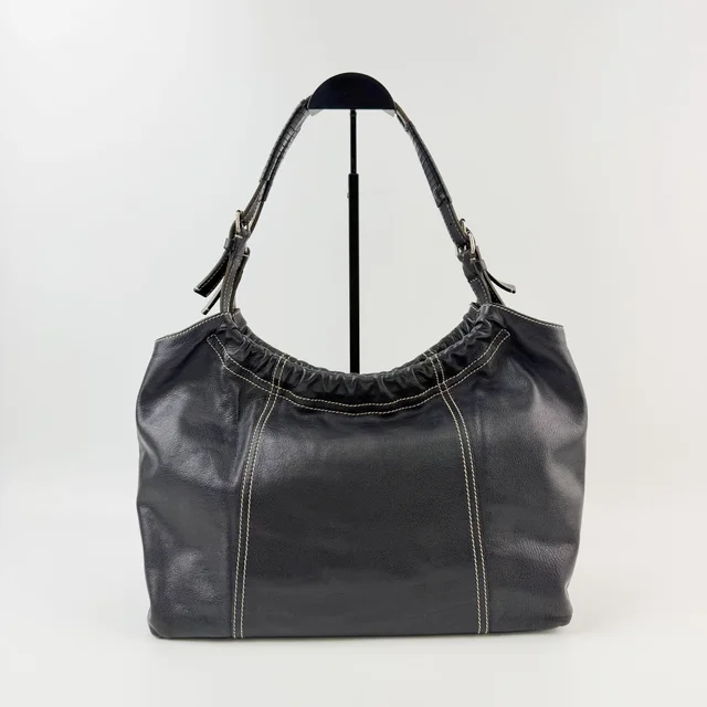 Miu Miu Gathered Contrast Stitch Tote Shoulder Bag Leather Black Silver Vintage in Black Leather from The Reluxe, photo 2 of 2