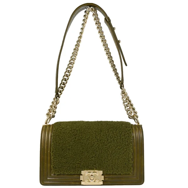 Boy Chanel 2016-2017 Green Shearling Calfskin Medium Shoulder Bag in Green Calfskin from AMORE Vintage Tokyo