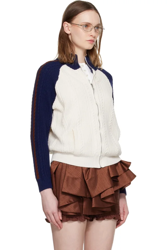SHUSHU/TONG Off-White & Navy Color-Block Raglan Sleeve Knit Cardigan, photo 2 of 4 from SSENSE