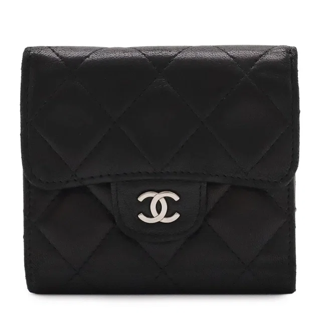 Chanel Quilted CC Logo Bifold Wallet Hook Double Leather Black Silver in Black Leather from The Reluxe