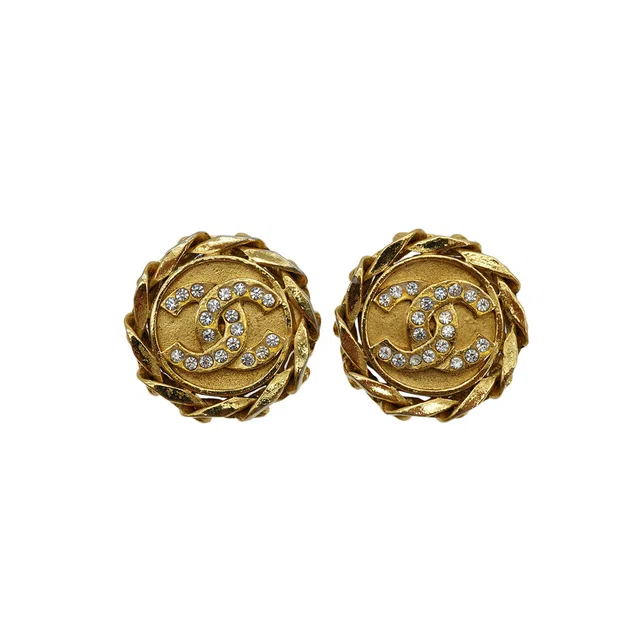 Chanel Vintage Earrings Cocomark Rhinestone Round Gold Accessory 23 in Gold from Luxury Promise