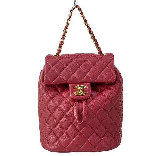 Chanel Backpack Quilted Red Chain Shoulder Gold Lambskin in Red Lambskin from The Reluxe