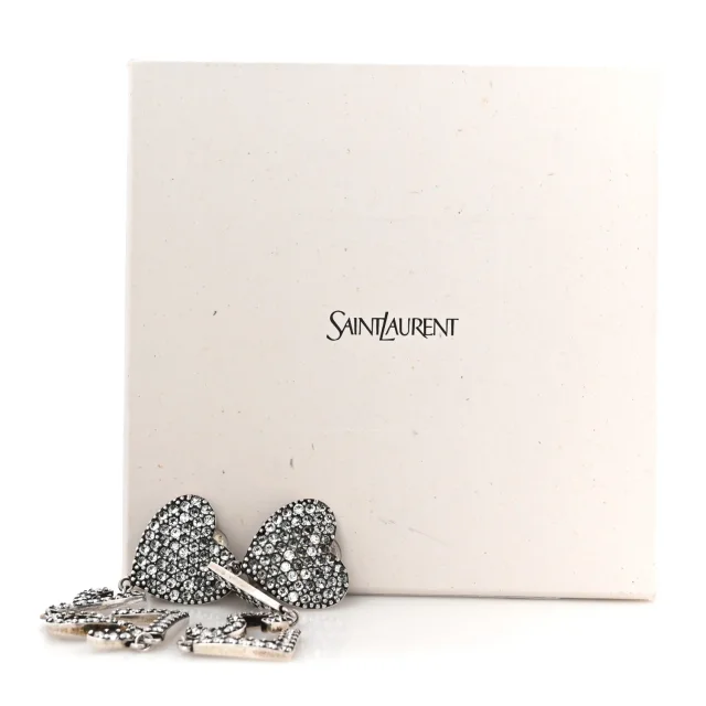Saint Laurent Brass Crystal Monogram Heart Drop Clip Earrings Silver in Silver from FASHIONPHILE, photo 5 of 5