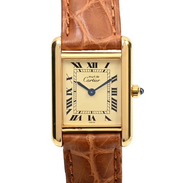 Cartier SV925 Must Tank Vermeil SM 84918223 Quartz Ivory in White Leather from VINTAGE QOO TOKYO