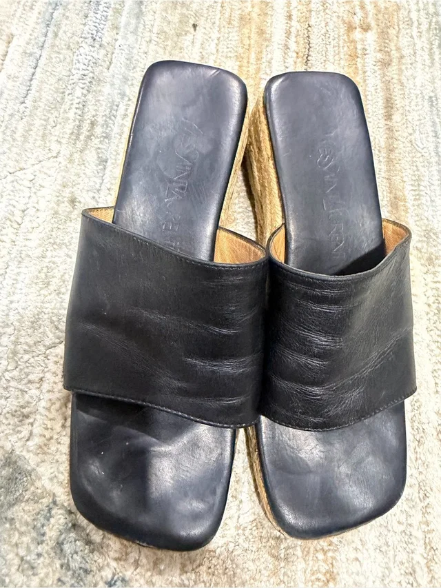 Saint Laurent Vintage Black Leather Espadrille Slides With Natural Jute in black|brown|neutral Leather from Poshmark