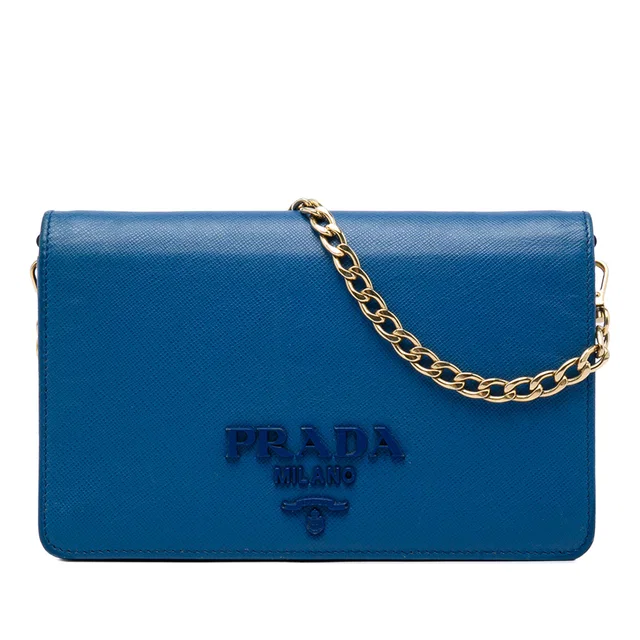 Blue Prada Saffiano Lux Monochrome Wallet on Chain Crossbody Bag in Blue Saffiano leather from Designer Revival